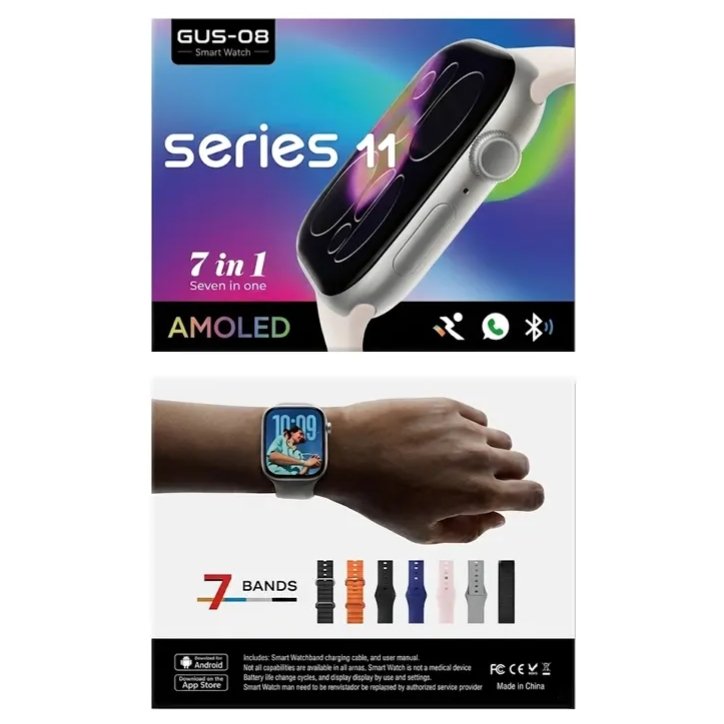 GUS-08 Series 11 Smart Watch | AMOLED Display | 7-in-1 Smart Features | 7 Interchangeable Straps | Bluetooth Calling | Fitness Tracker | For Android & iOS
